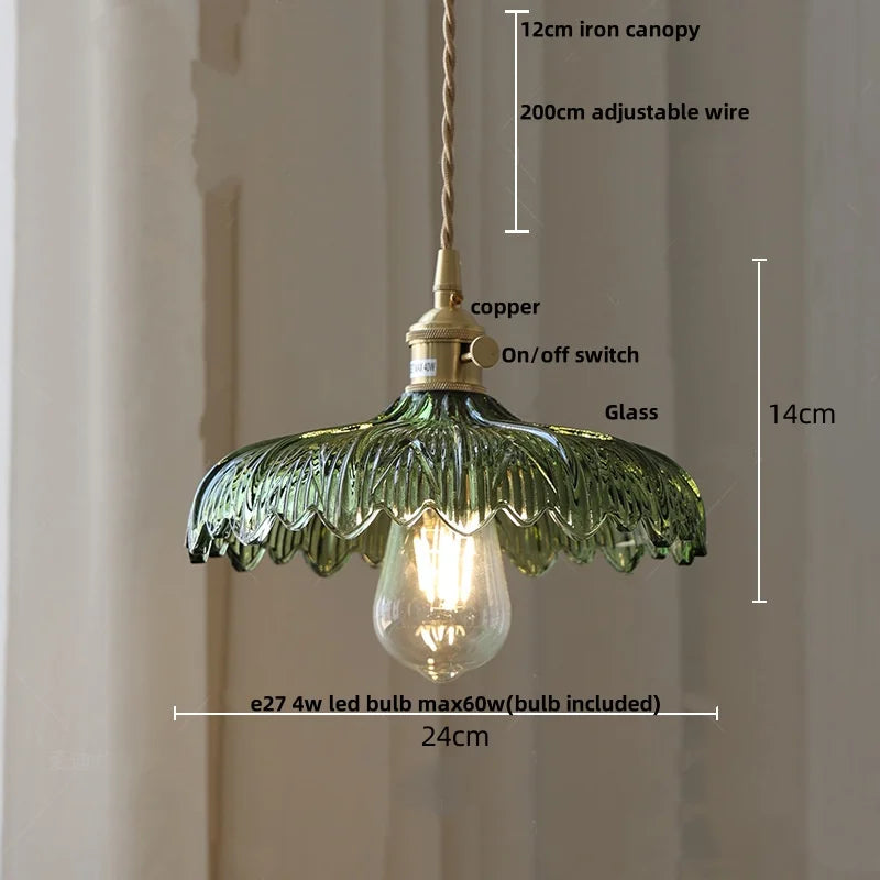 DecorBites™ Green Glass Walnut Wood LED Pendant Light, Nordic Modern Hanging Lamp