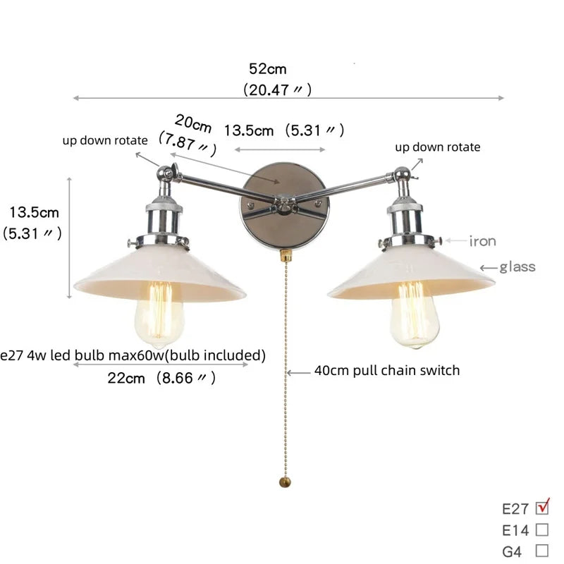 DecorBites™ Industrial LED Wall Light Fixture with Glass Pull Chain Switch - 2 Heads