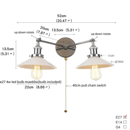 DecorBites™ Industrial LED Wall Light Fixture with Glass Pull Chain Switch - 2 Heads