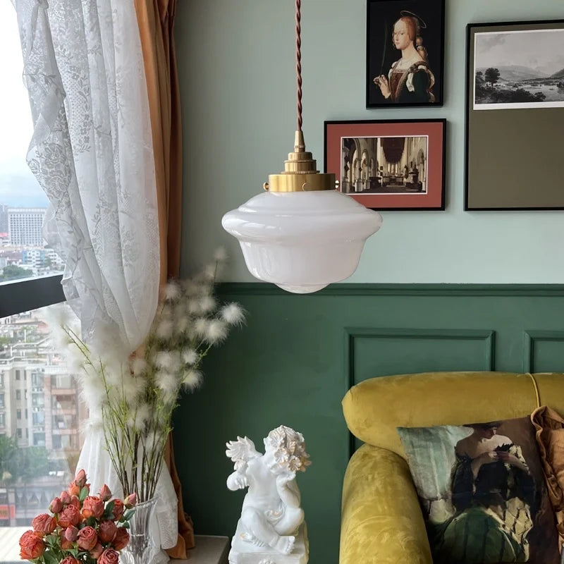 DecorBites™ Cream Glass LED Pendant Brass Hanging Lamp for Kitchen Restaurant Living Room