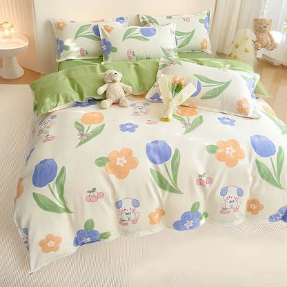 DecorBites™ Cozy Flower Print Bedding Set: Brushed Cotton, Skin-Friendly, Soft, Thick, 4Pcs