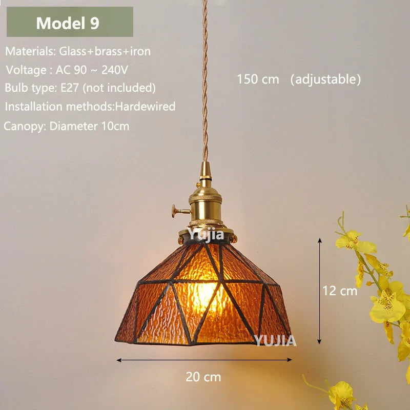 Vintage Amber Glass Pendant Light With Brass Detail