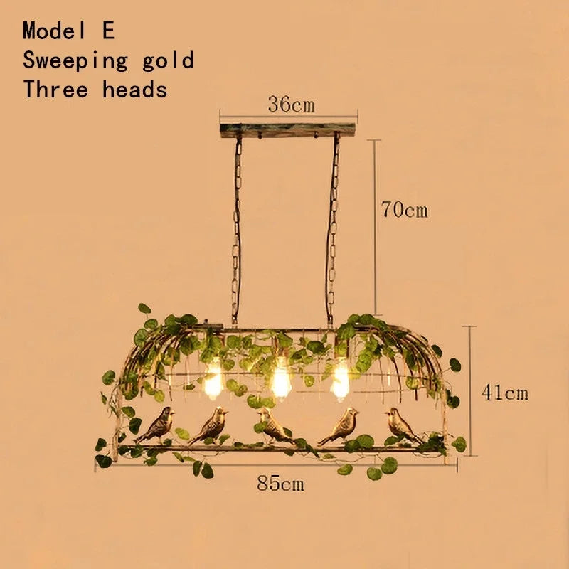 DecorBites™ Iron Bird Cage Chandelier with Green Leaf Decoration and LED Lamps