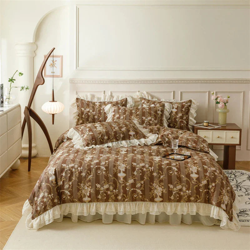 DecorBites™ French Country Flowers Print Bedding Set with Lace Ruffles