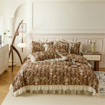 DecorBites™ French Country Flowers Print Bedding Set with Lace Ruffles