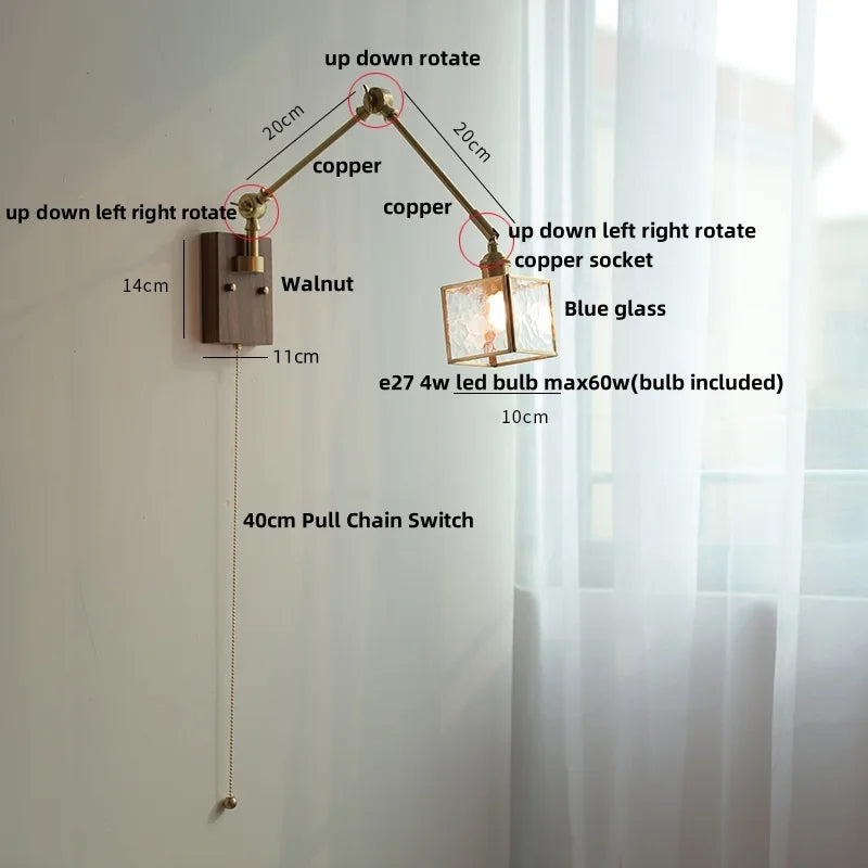 DecorBites™ LED Wall Lamp Rotatable Glass Walnut Swing Arms Hallway Stair Light