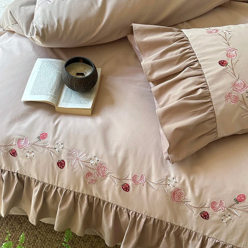 DecorBites™ Korean Princess Style Embroidered Bedding Set with Pleated Ruffles in Egyptian Cotton