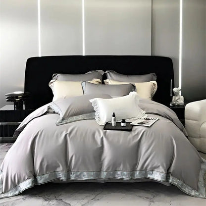 DecorBites™ Gold Embroidery Duvet Set, Black Egyptian Cotton Bedding, 1000TC, Double King Queen