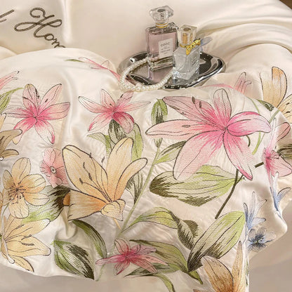 DecorBites™ Flowers Embroidery Silky Duvet Set with Comforter Cover & Fitted Sheet