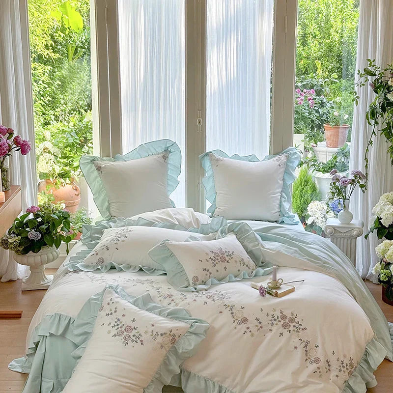 Embroidered Cotton Bedding Set Lace Ruffle King