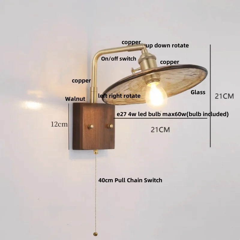 DecorBites™ LED Wall Light Walnut Wood Rotate Copper Bedside Lamp