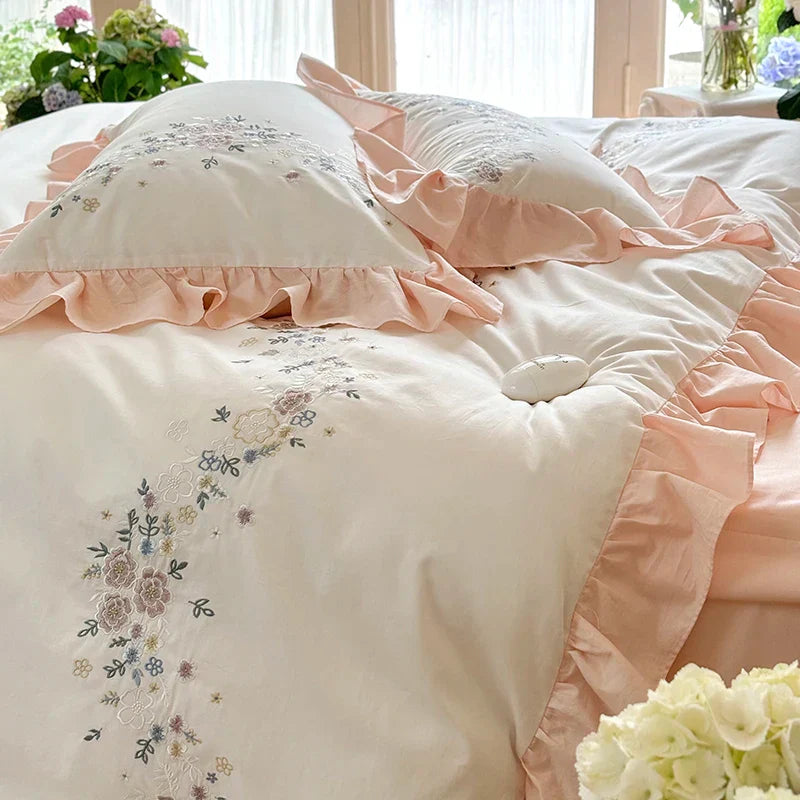 Embroidered Cotton Bedding Set Lace Ruffle King