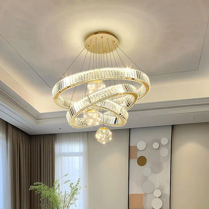 Modern Crystal Multi-Ring Pendant Light in Brushed Steel