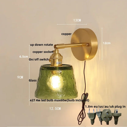 DecorBites™ Clear Glass LED Wall Sconce with Pull Chain Switch, Brass E27, Bedroom Reading Light