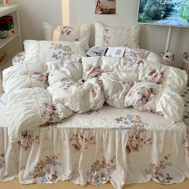 DecorBites™ Korean Princess Flowers Bedding Set - Duvet Cover, Bed Skirt, Pillowcases