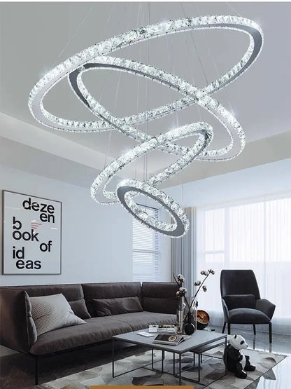 DecorBites™ Crystal Rings LED Chandelier, Chrome Lustre Ceiling Pendant for Living Room