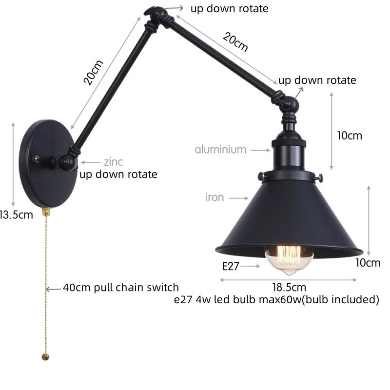 DecorBites™ Gold Long Arm LED Wall Sconce with Pull Chain Switch