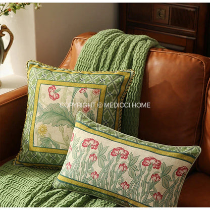 DecorBites™ French Linen Flax Lumbar Pillow Cover Flower Birds Print, Fairy Green