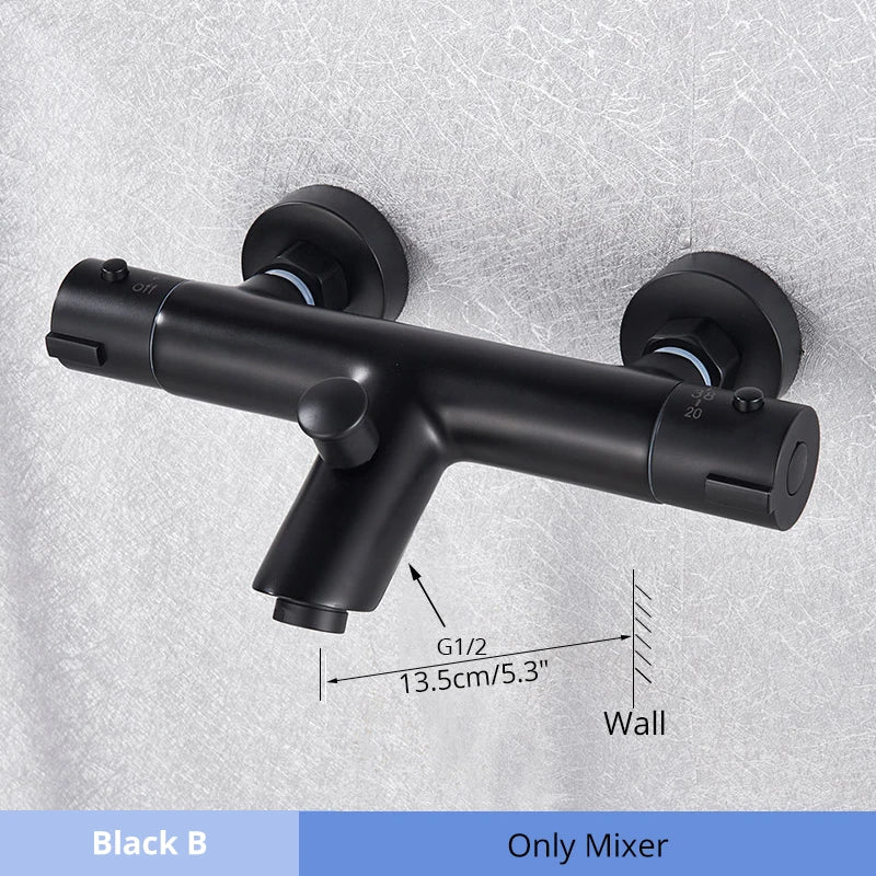 DecorBites™ Black/Chrome Thermostatic Shower Set with Brass Wall Mount Mixer Handle Spray