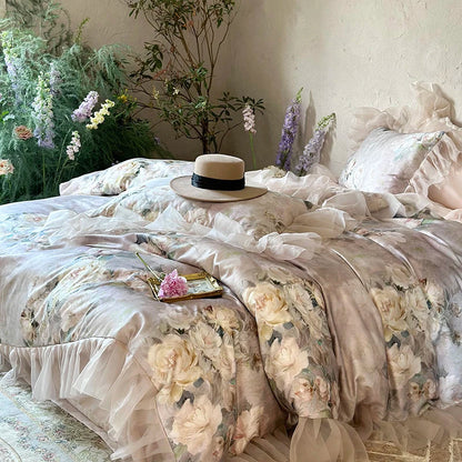 DecorBites™ French Flowers Lace Ruffles Bedding Set with Silky Soft Lyocell Cotton