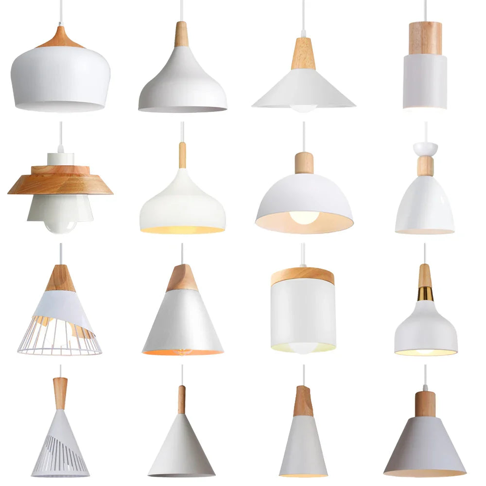 Nordic White Iron Pendant Light With Wood Accent