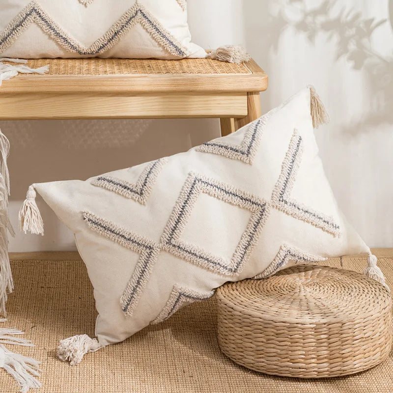 DecorBites™ Geometric Tufted Cotton Canvas Embroidered Pillow Covers for Home Decor