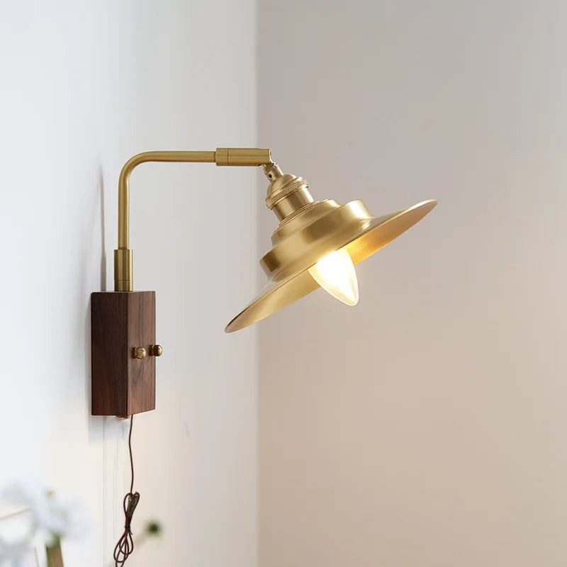 DecorBites™ LED Wall Light Walnut Wood Rotate Copper Bedside Lamp