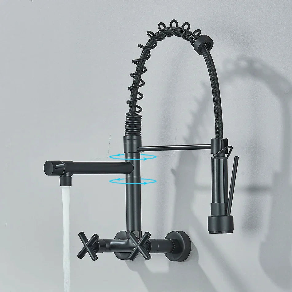 DecorBites™ Gold Black Kitchen Faucet Wall Mount Pull Down Tap Dual Swivel Spouts