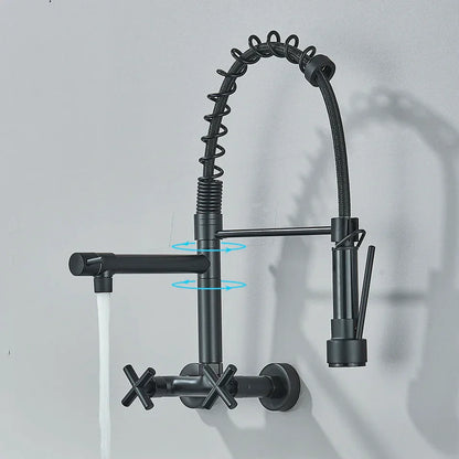 DecorBites™ Gold Black Kitchen Faucet Wall Mount Pull Down Tap Dual Swivel Spouts