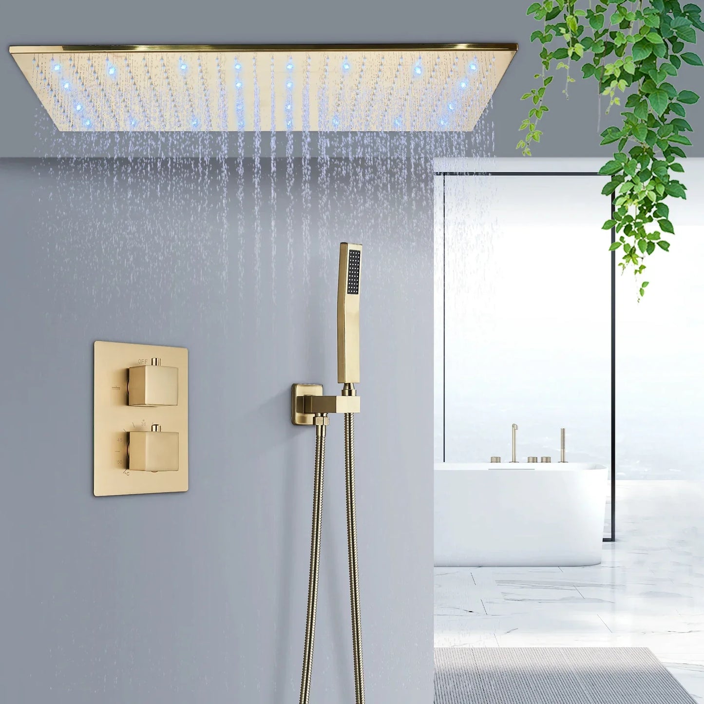 DecorBites™ Brushed Gold LED Thermostatic Shower Faucet Set with Ceiling Rainfall Shower Head