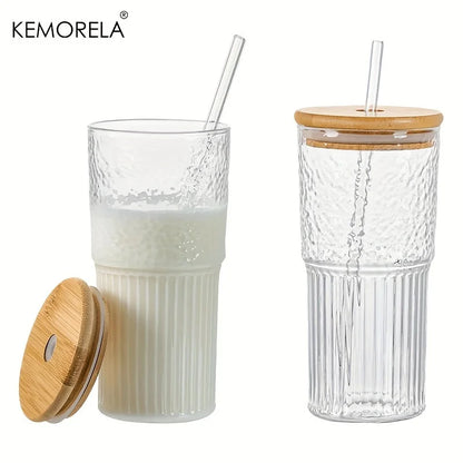 DecorBites™ 500ml Ribbed Glass Cup with Lid and Straw | Stylish Drinking Glass for Any Occasion