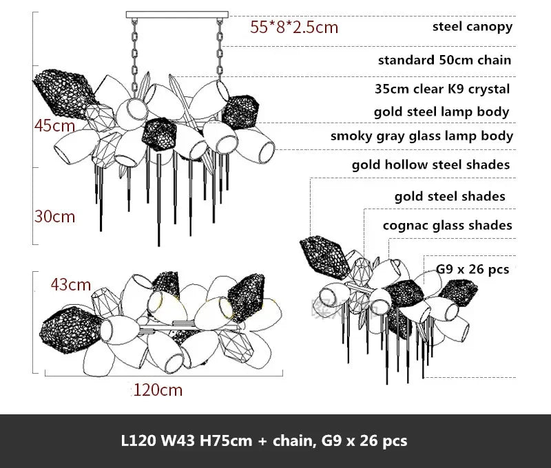 DecorBites™ Glass Shades LED Chandelier Stairs Art Metal Lighting Luxe Chain Hanging Lamp