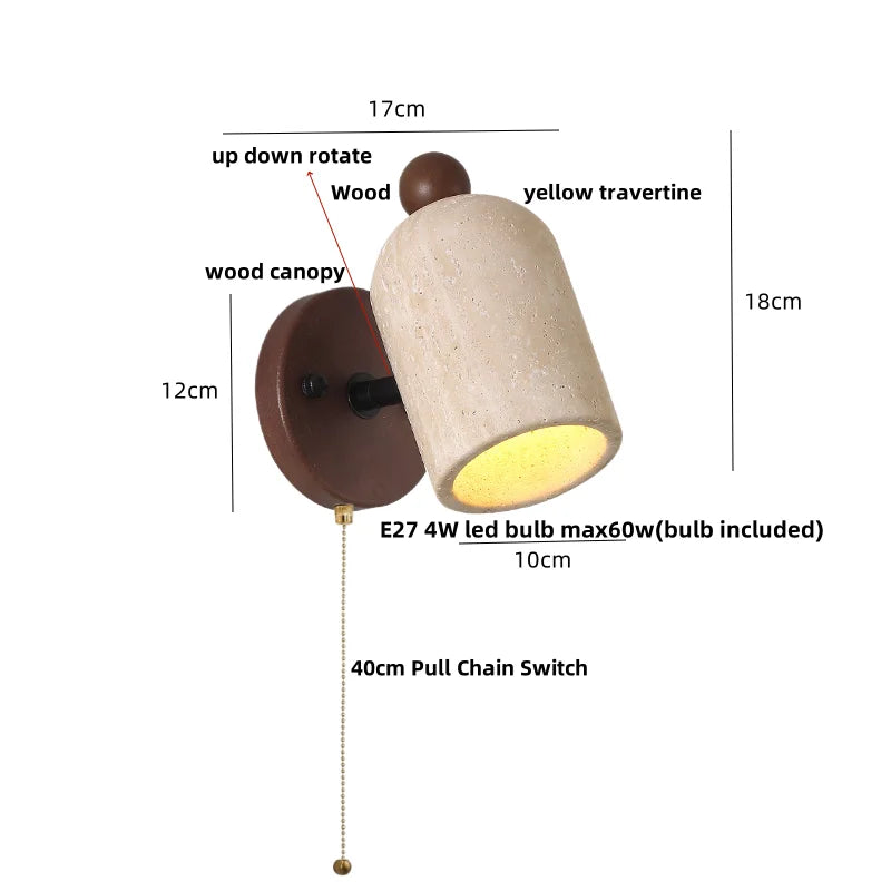 DecorBites™ LED Wall Sconce Pull Chain Switch Modern Wood Yellow Travertine Stair Light