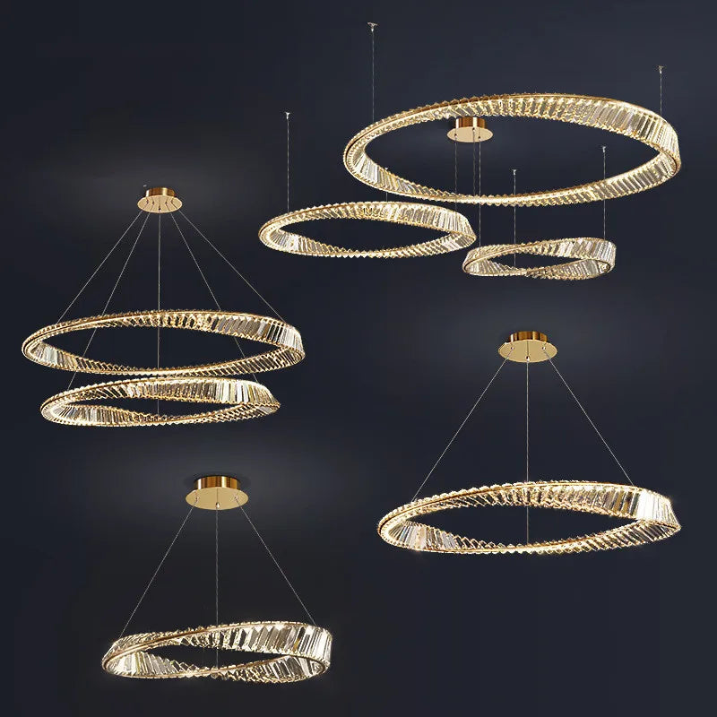 DecorBites™ Gold Steel Rings Crystal Pendant Light