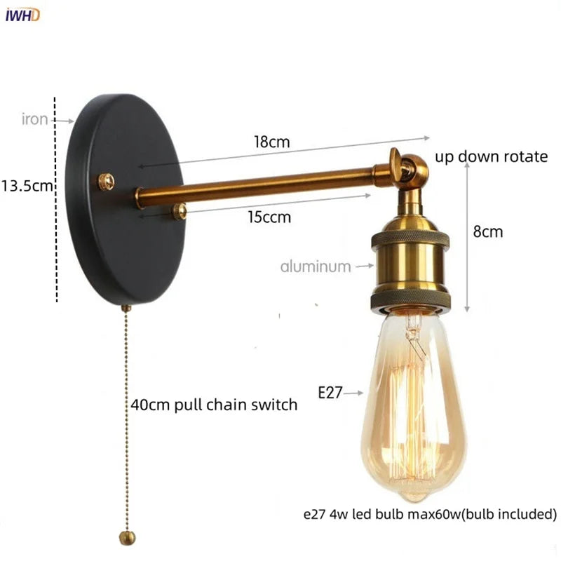 Gold Industrial Wall Lamp For Lofts And Bedrooms