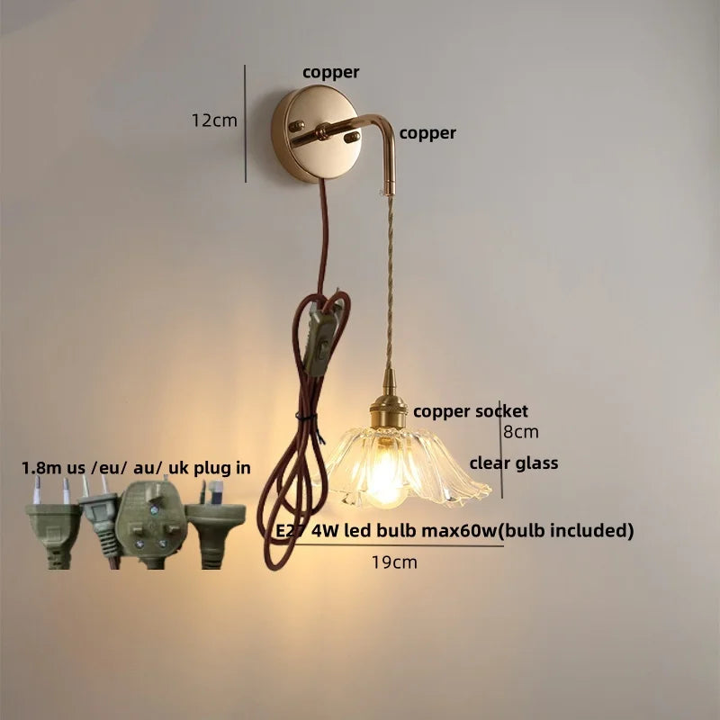 DecorBites™ Adjustable LED Wall Light Clear Glass Copper Bedside Lamp