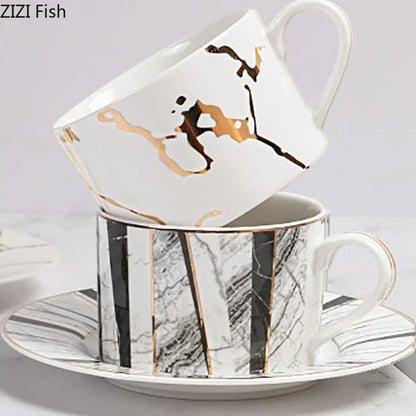 DecorBites™ Gilded Marble Texture Ceramic Cup & Saucer Set for Dining Table Tea & Coffee