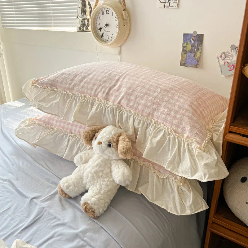 DecorBites™ Korean Princess Style Cotton Bedding Set with Ruffles and Lace