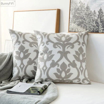 DecorBites™ Geometric Embroidered Cushion Cover in Grey Canvas Cotton 45x45cm