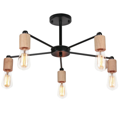 DecorBites™ Industrial Rod Iron Wood Sputnik Chandelier Ceiling Lamp LED E27 Home Lighting
