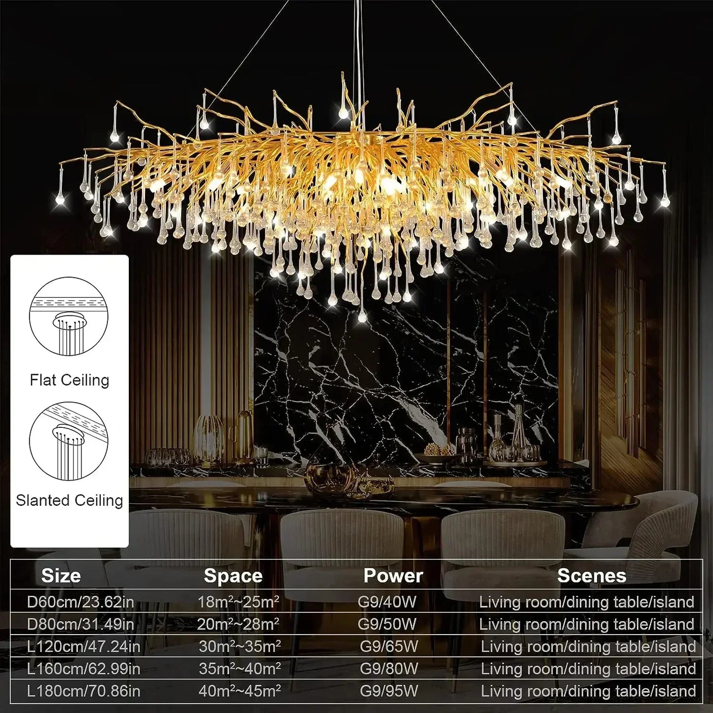 DecorBites™ Gold Crystal Tree Branch Chandelier for Dining Living Room Bedroom Decor