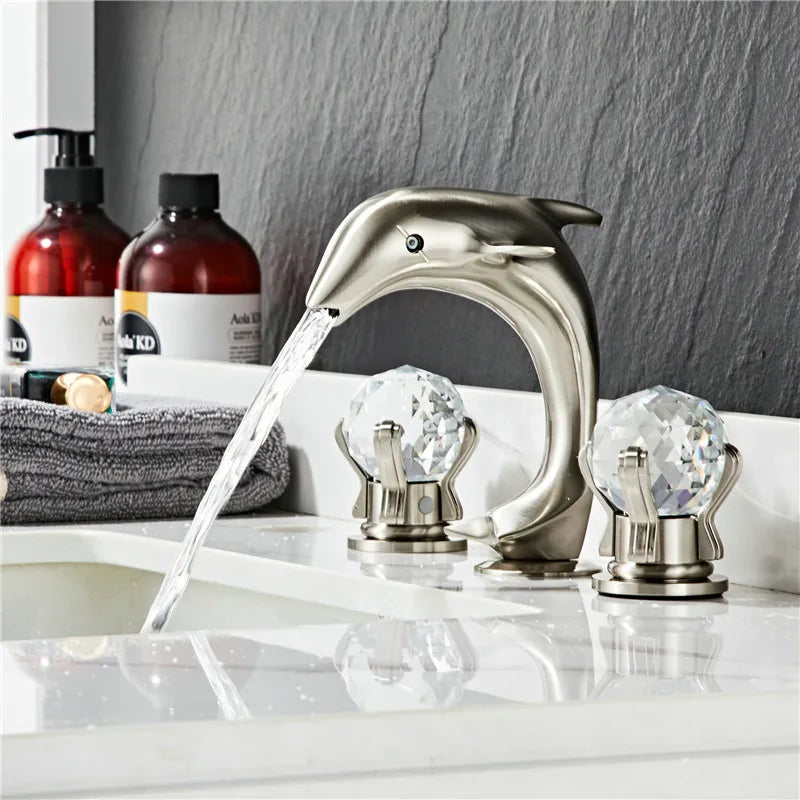 DecorBites™ Gold Basin Faucet: Brass Nickel Dolphin Bathroom Sink Faucet, 3 Hole Widespread