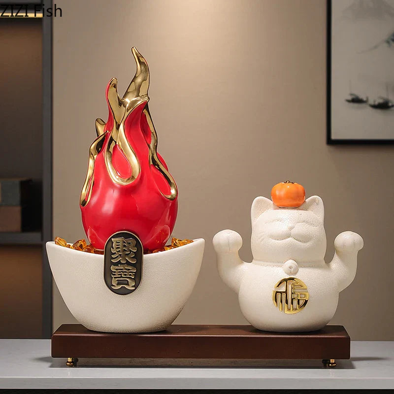 DecorBites™ Gilded Pitaya Cat Ceramic Feng Shui Ornament Landscaping Decoration