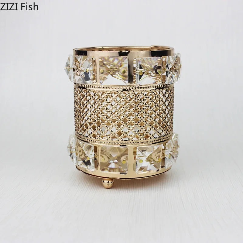 DecorBites™ Gold Plated Hollow Glass Jar: Elegant Makeup Brush & Pen Holder