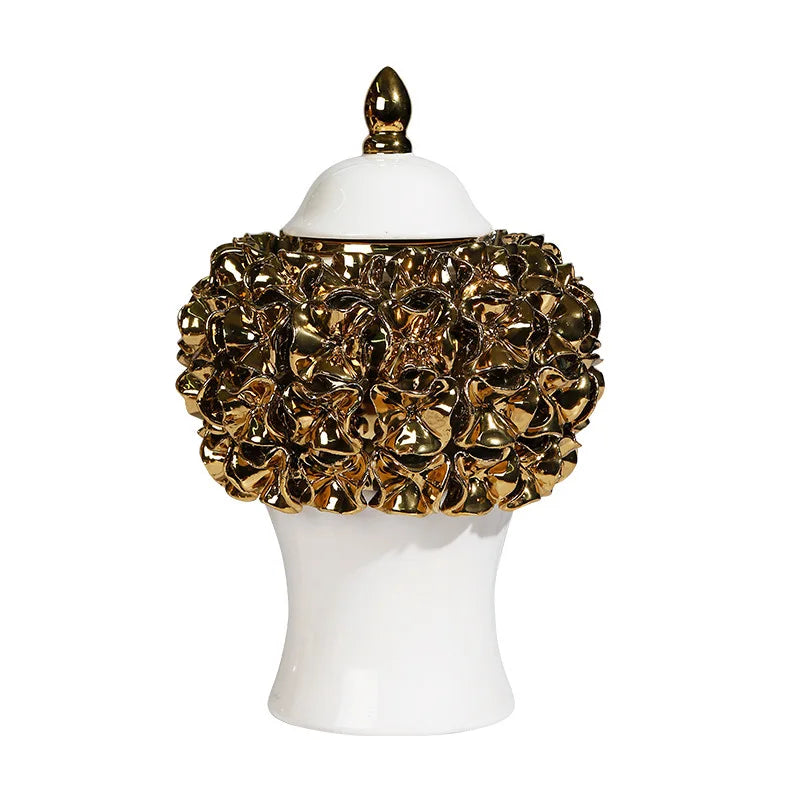 Gold Ceramic Ginger Jar With Relief Flower Design