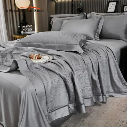 DecorBites™ Eucalyptus Fiber Jacquard Summer Quilt Set with Soft Silky Comforter, Sheet, Pillowcases