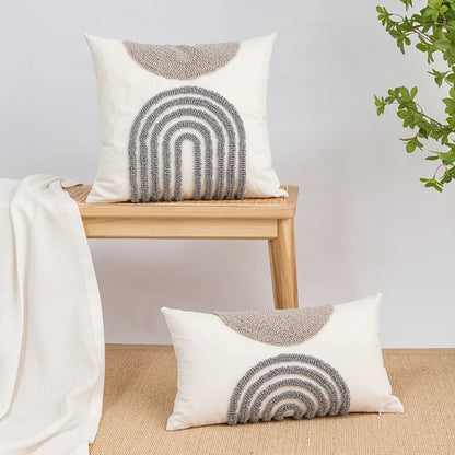 DecorBites™ Geometric Embroidery Tassel Cushion Cover - Grey White Simple Loop Tufted Pillow
