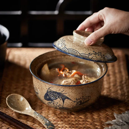 DecorBites™ Japanese Style Ramen Bowl with Lid | Ceramic Noodle Bowl for Soup, Rice, Porridge
