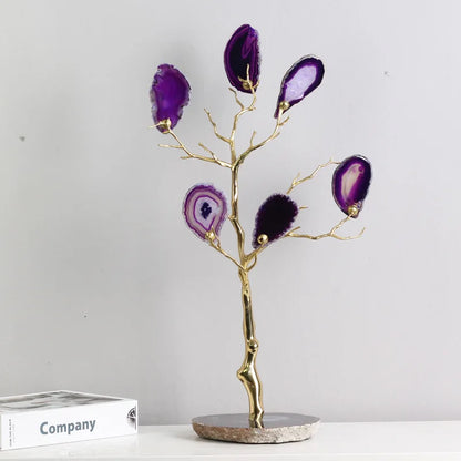 DecorBites™ Agate Tree Metal Handicraft: Golden Tree with Natural Agate Tablets