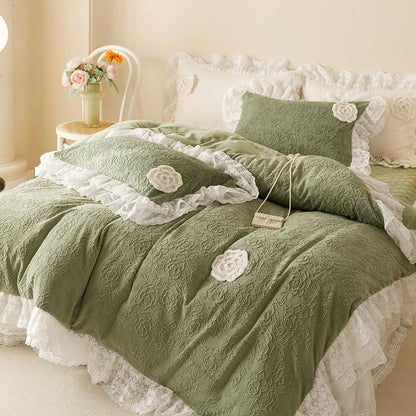 DecorBites™ Luxe Carved Velvet Lace Ruffles Bedding Set with Quilted Bed Skirt